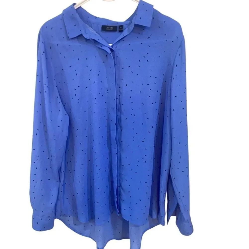 Apt. 9 XL long sleeve, button-down, collared blouse, blue, black, brushstroke de